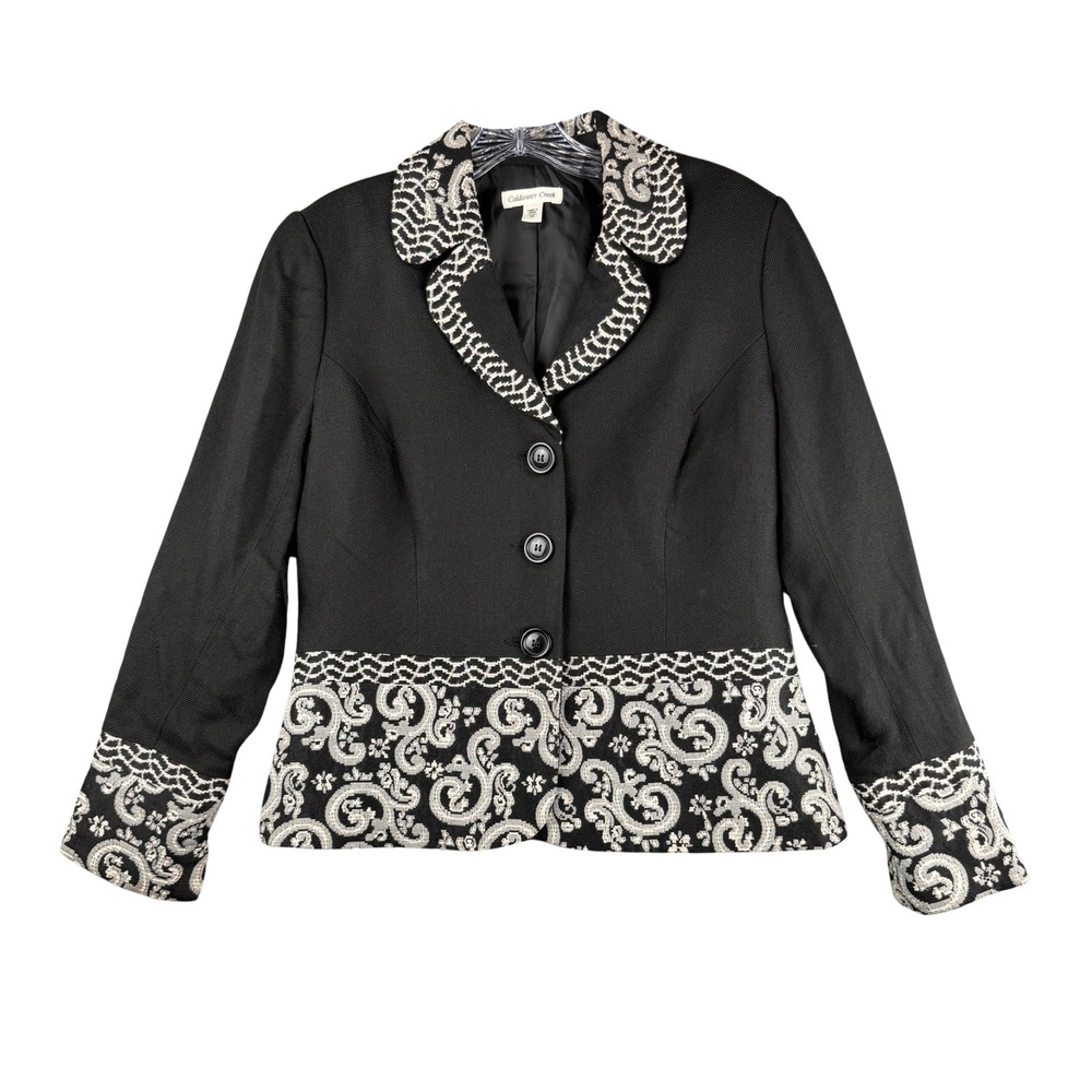 Coldwater Creek Womens Black White Jacquard Scroll Trim Blazer Jacket Size 10
